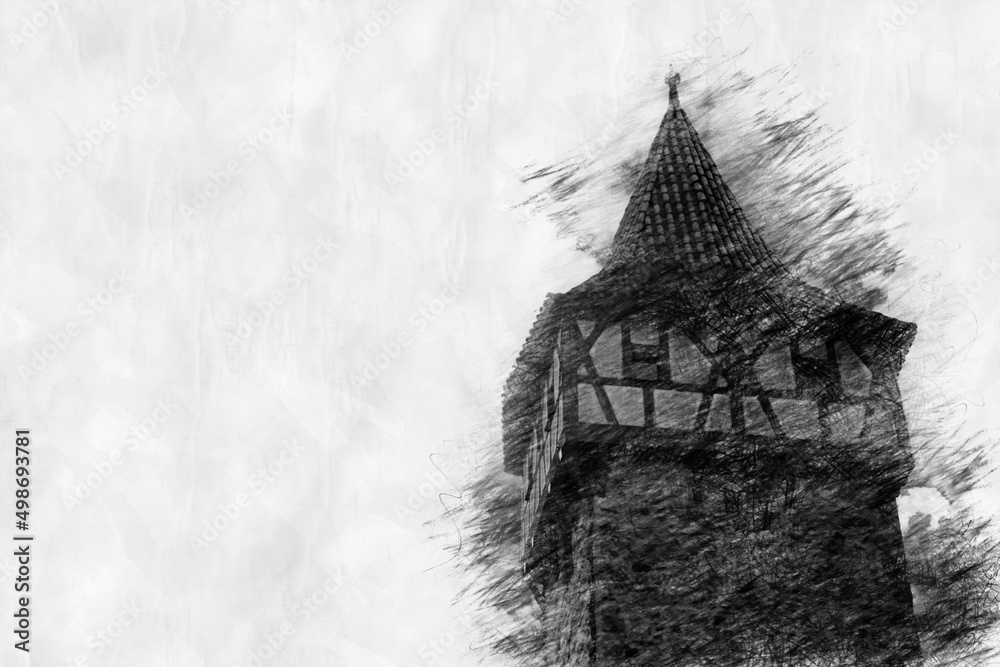 Wall mural old medieval tower in a pencil drawing style