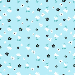 Modern floral pattern, flowers, feathers and birds in blue and light colors. Seamless pattern. Modern design for paper, cover, fabric, decor, print. On an isolated white background pastel colors