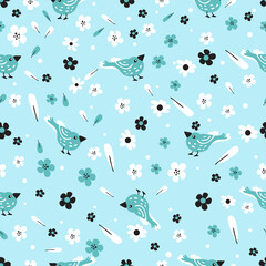 Modern floral pattern, flowers, feathers and birds in grreen and red colors. Seamless pattern. Modern design for paper, cover, fabric, decor, print. On an isolated white background pastel colors