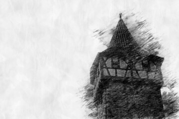 old medieval tower in a pencil drawing style