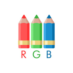 Red, green and blue pencils are drawn in a flat simplified children's style. Isolated vector illustration