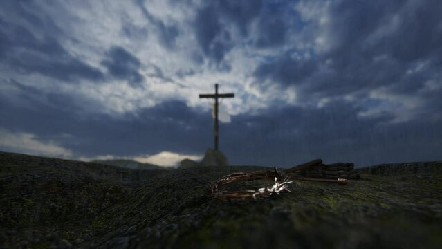 Crucifixion of Jesus Christ with thorn crown, nails, hammer and a rope against rain stormy sky