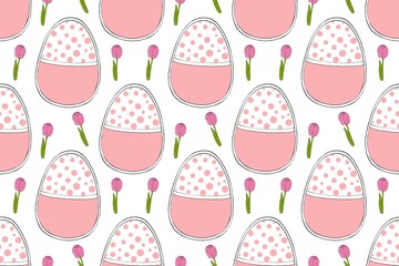 Easter seamless pattern with cute Easter eggs and sweet dessert. Cute Easter in cartoon style, hand painting illustration