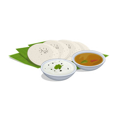 Idli and Sambhar South Indian food vector illustration with coconut chutney