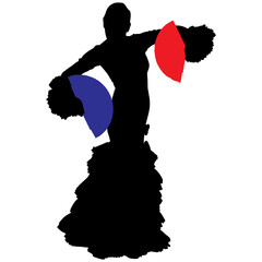 Black silhouette of flamenco dancer in beautiful dress with two fans in her hands