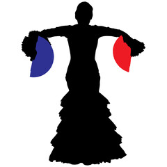 Black silhouette of flamenco dancer in beautiful dress with two fans in her hands