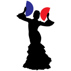 Black silhouette of flamenco dancer in beautiful dress with two fans in her hands