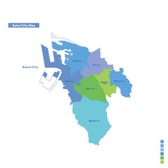 Obraz premium 堺市行政区・堺市地図 雨の日カラーで色分けしてみた（英語版）