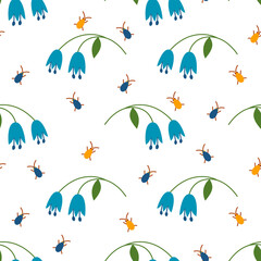 Seamless pattern with bluebells and bugs. For childish design. Vector illustration.