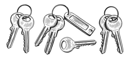 Bunch of keys drawn in sketch style. Renting or buying real estate concept. Vector illustration