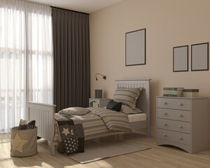 modern children's room in bright colors with a bed, a chest of drawers, a bedside table, empty pictures, with a window. 3d render