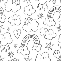 Weather conditions cartoon outline vector seamless pattern