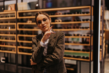 Portrait of a girl, with a hand on her chin.