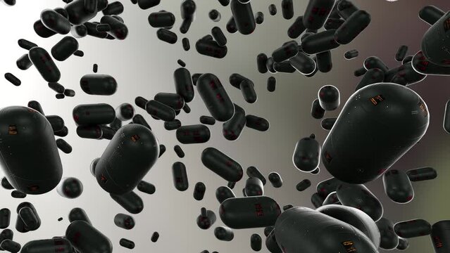 Animazione di oggetti a forma di capsule  che si muovono nello spazio