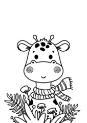 Cute cartoon giraffe character outline. Simply easy coloring page for kids. Contour drawing characters nursery design elements for poster, cards, coloring book