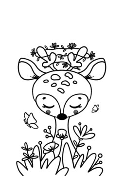 Cute cartoon deer character outline. Simply easy coloring page for kids. Contour drawing characters nursery design elements for poster, cards, coloring book