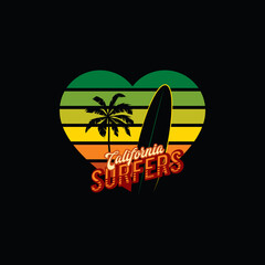 Original vector illustration. Palm trees and surfing on the background of a retro sunset in the shape of a heart in the style of the 80s. T-shirt design, design element.