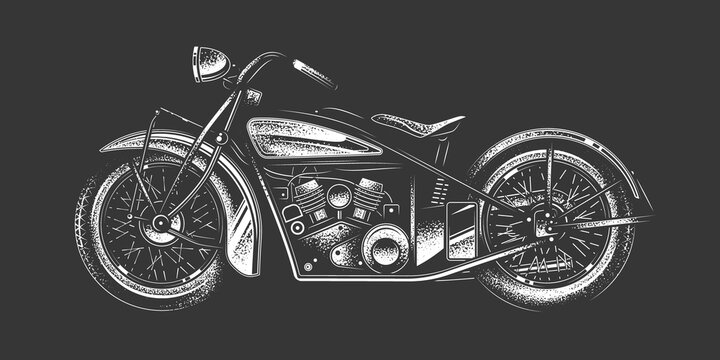 Original monochrome vector illustration in retro style on a black background. An American custom-made motorcycle. T-shirt design