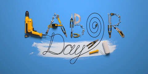The LABOR DAY phrase laid out from a set of construction tools and a drill wire.
Creative congratulatory design template for building, engineering or maintenance companies. 3d render.