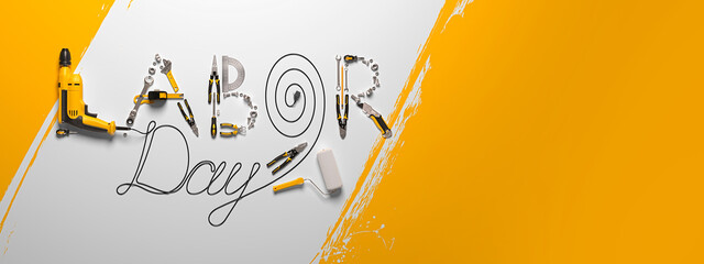 The LABOR DAY phrase laid out from a set of construction tools and a drill wire.
Creative congratulatory design template for building, engineering or maintenance companies. 3d render.