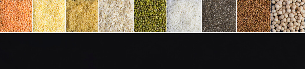 Collage of various cereals and legumes. Black background. Copy space.
