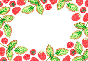 Rectangle raspberry frame. Watercolor illustration. Isolated on a white background. For design.