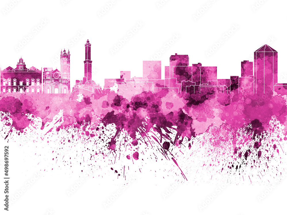 Wall mural Genoa skyline in pink watercolor on white background