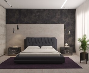 bedroom in black and white, black silk bed, wallpaper, flower, hanging lamp, 3d render