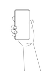 Hand holds mobile phone outline sketch style vector illustration. Line art smartphone device in hand isolated on white background. Linear editable stroke gadget with touchscreen image.