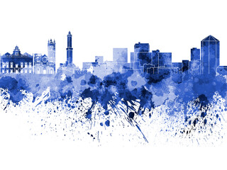 Fototapeta premium Genoa skyline in blue watercolor on white background