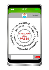 Smartphone with Freedom of the Press wordcloud - 3D illustration