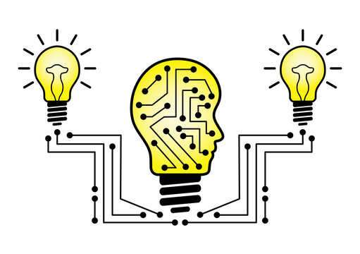 Creative idea bulb illustration on white background. Regular and head shaped yellow bulb with circuit board design. Business concept bulb to use in idea, innovation, brainstorm, solution projects. 