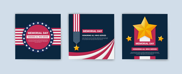 Memorial day greeting card displayed with the national flag of the United States of America. Social media templates for memorial day.