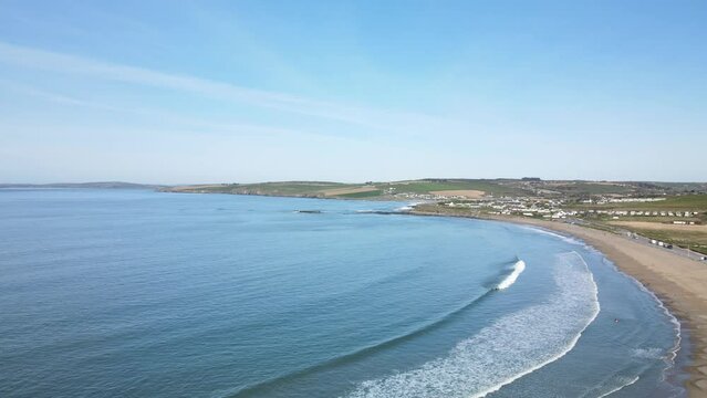 Beautiful coastal stretch near Kinsale, Ireland with long sandy beaches and surf waves. An aerial footage