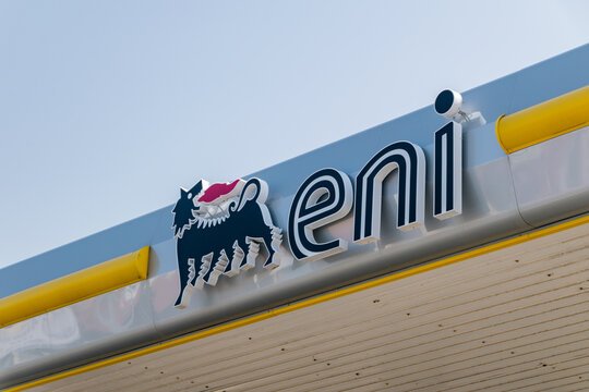 Paphos, Cyprus - April 2, 2022: Logo of Eni on fuel station. Eni is an Italian multinational oil and gas company headquartered in Rome.