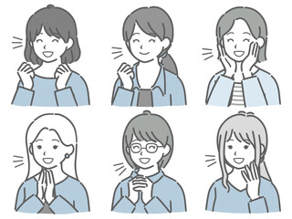 喜ぶ若い女性の斜め向き上半身セット（私服）