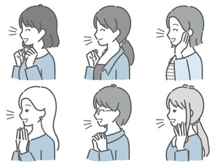 喜ぶ若い女性の横向き上半身セット（私服）