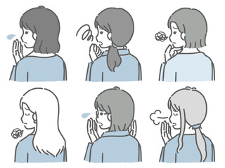 困る若い女性の斜め後ろ向き上半身セット（私服）