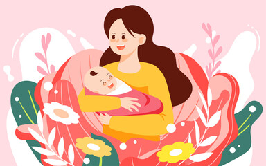 Mother's day mother holding baby among flowers, vector illustration