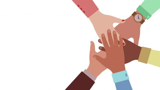 Hands of diverse group of people putting together. Concept of cooperation, unity, togetherness, partnership, agreement, teamwork, social community or movement. 4K Animation.