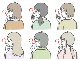 疑問に思う若い女性の斜め後ろ向き上半身セット（私服）