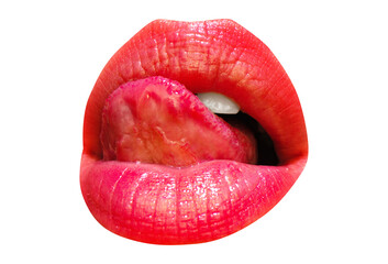 Lick lip tongue, isolated on white. Female mouth isolated with red lipstick and tongue licking lips.