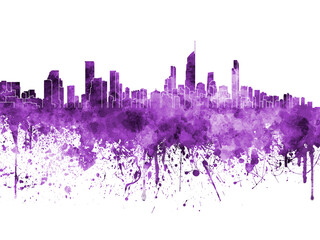 Fototapeta na wymiar Gold Coast skyline in purple watercolor on white background