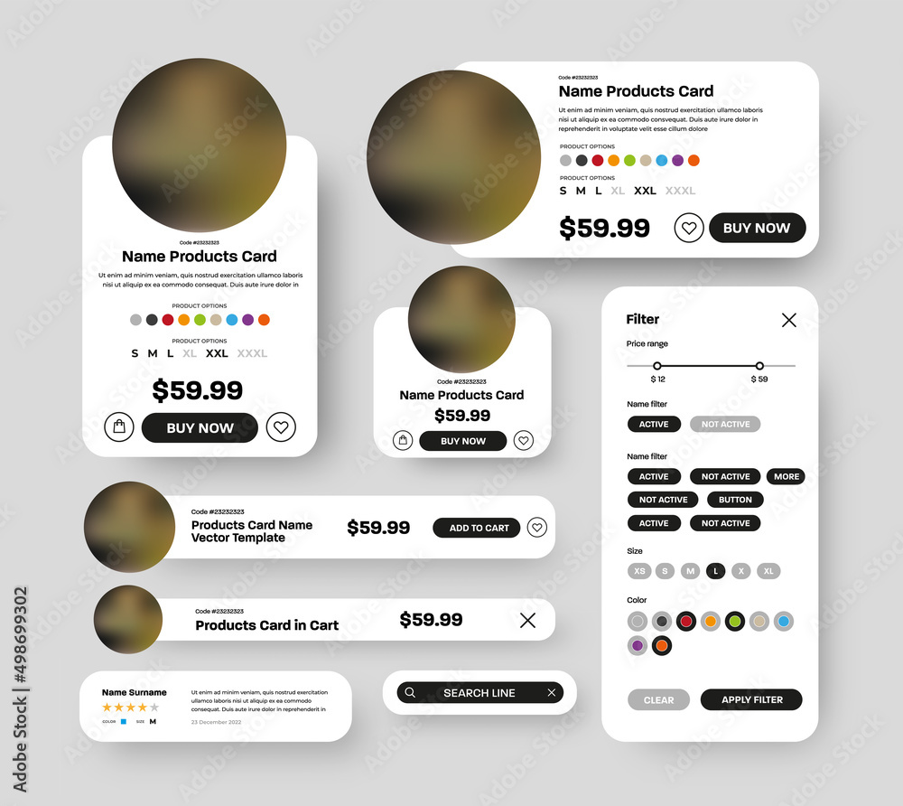 Poster Set of vector product UI cards with round elements for photos of mobile app stores.
