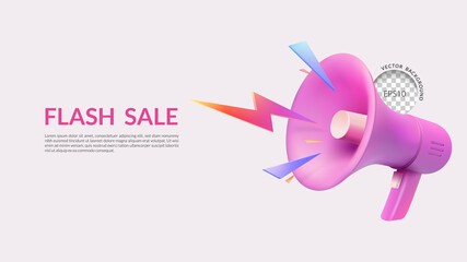 Flash Sale background, 3D pink megaphone with lightning, Vector illustration - obrazy, fototapety, plakaty