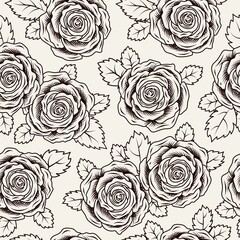 Seamless pattern with lush blooming vintage roses with leaves on dark background. Monochrome vector illustration, black on white. Engraving style