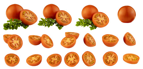 Tomatoes. Set of isolated, cut and whole tomatoes with parsley leaves on a white background. Big set of red tomatoes on a white background.