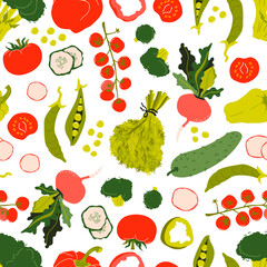 Vegetables seamless pattern. Hand drawn veggies: tomato, cucumber, peas, bell pepper, radish, broccoli. Sliced pieces. Vector background. Vegan print