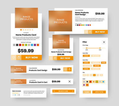 Set of vector product UI cards with square elements for photos and orange mobile app store buttons. Design templates for shopping carts, filters, search strings with product descriptions