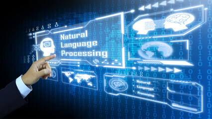 hand reach out to activate the virtual screen containing information of natural language processing...